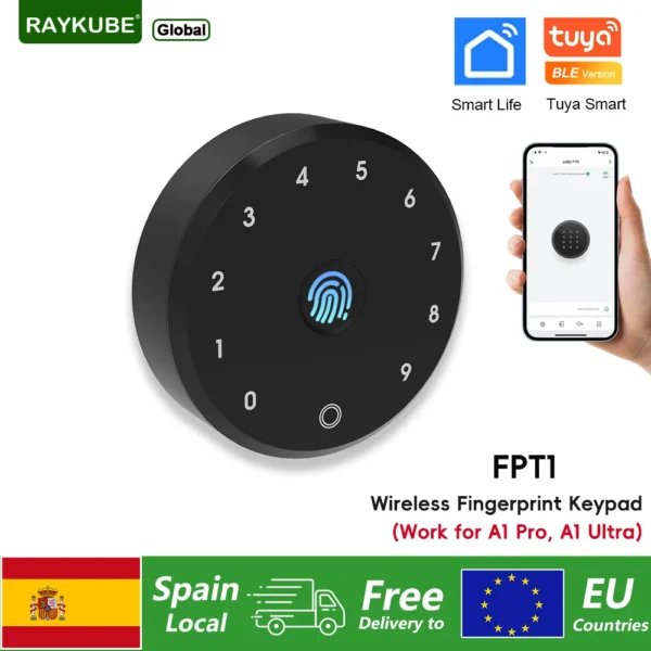 RAYKUBE FPT1 Tuya BLE Smart Wireless Fingerprint Password Digital Keypad Lock No-dig installation For A1 Pro Lock From Spain