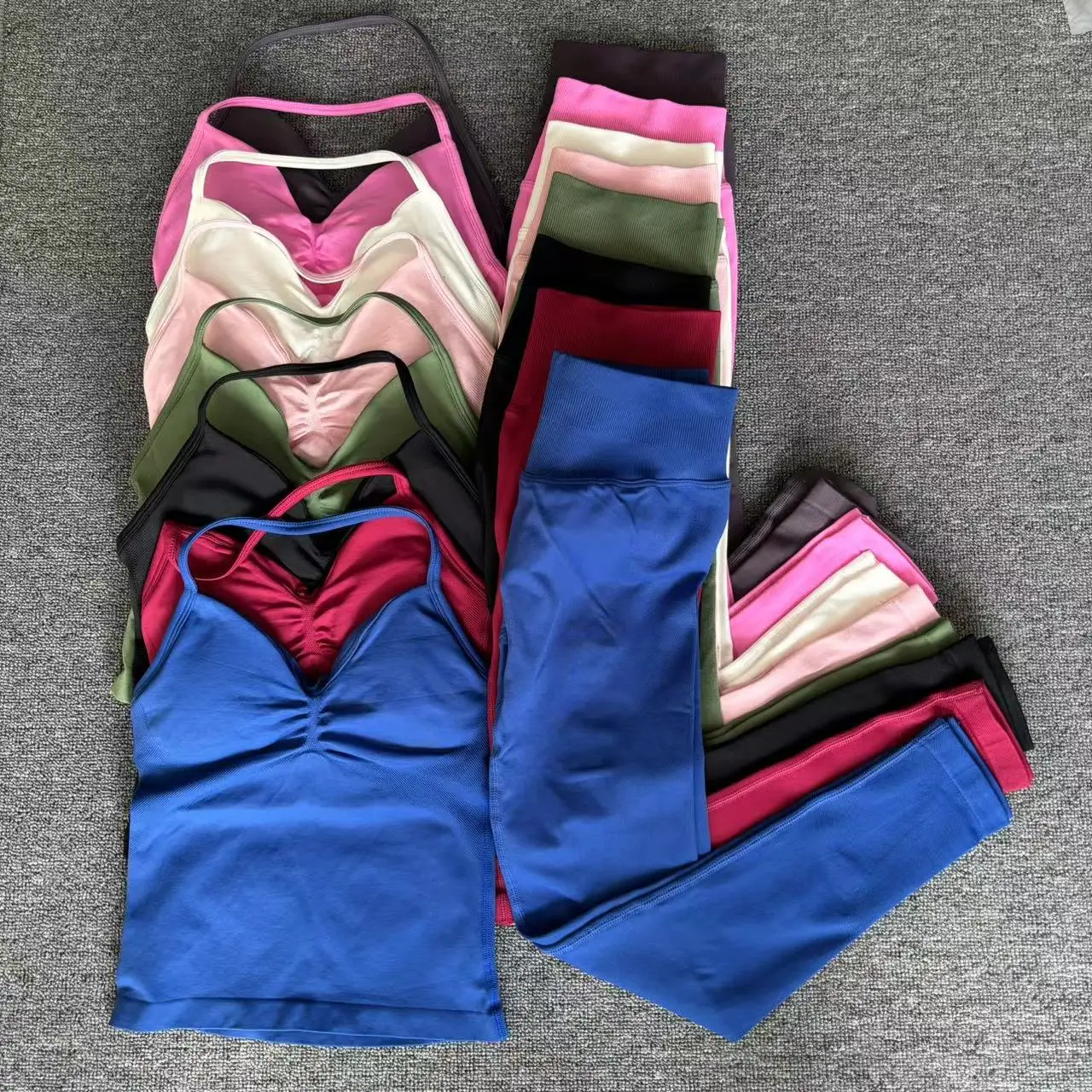 kf-S0e369050a8f84b79b6ed6029fb62db03r 2 Pieces Set Yoga Df Women Longline Strappy Top and Scrunch Leggings Gym Fitness Clothes Outfit Workout Set - Imagine 1