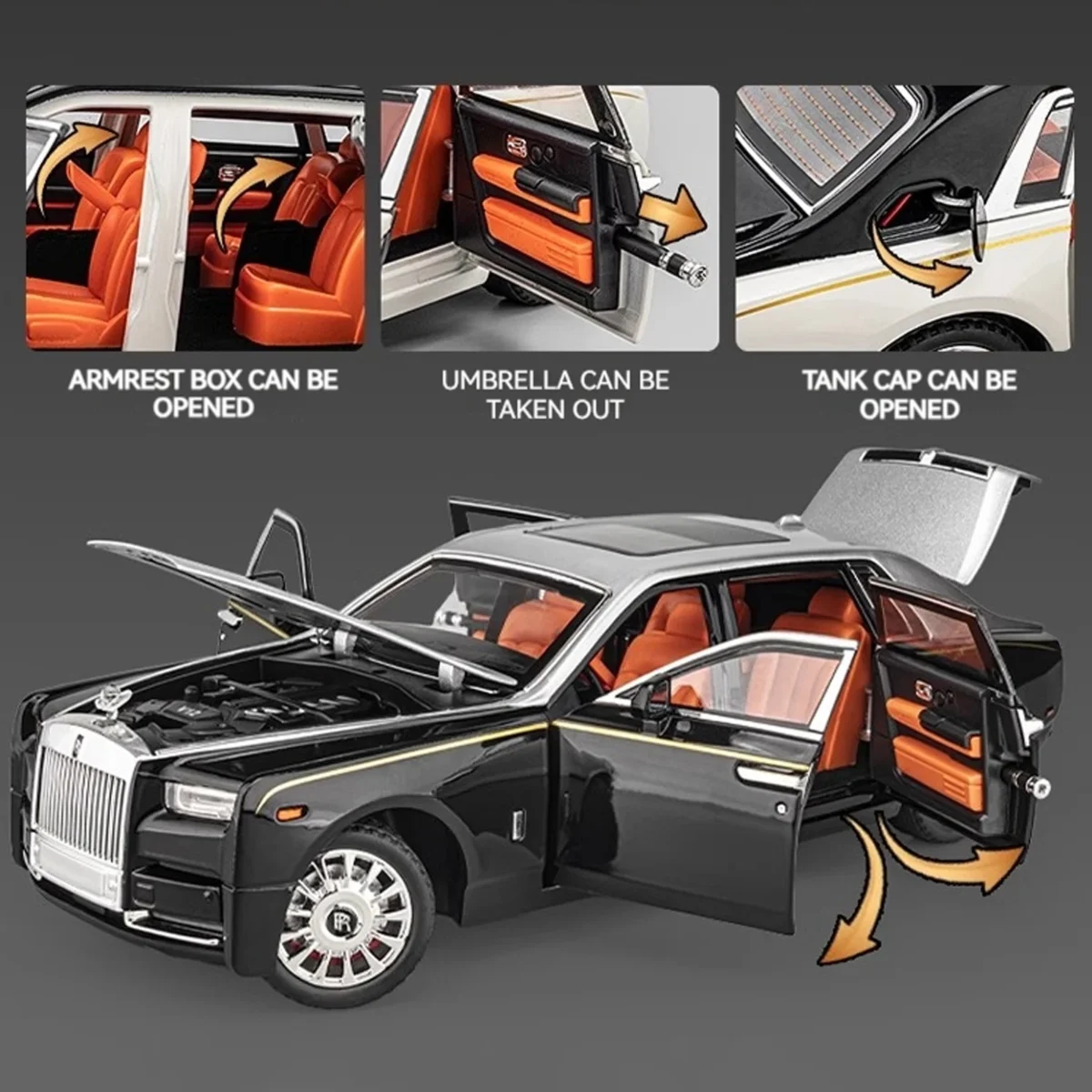 1:18 Rolls-Royce Phantom Model Car, Zinc Alloy Pull Back Toy Diecast Car with Sound and Light, Realistic Modeling Model Toy111 - Imagine 5