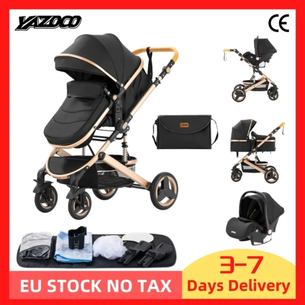 Baby Stroller 3 in 1 Luxurious Portable Travel Baby Carriage Fold Pram High Landscape Aluminum Frame Newborn Infant Stroller BLACK