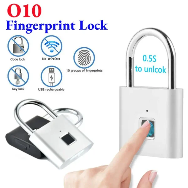O10 Smart Fingerprint Padlock Waterproof Biometric Fingerprint Keyless Door Lock USB Rechargeable Security Padlock House Unlock