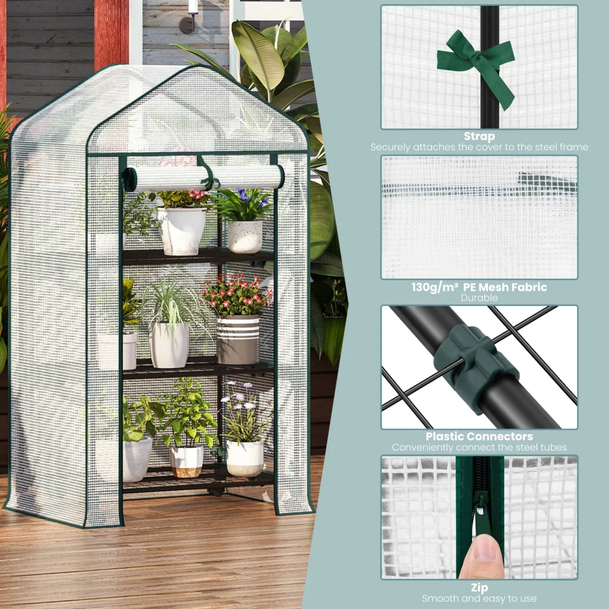 WOLTU Garden Greenhouse Plants Flowers House with Wheels Roll-Up Door 3 Shelves Winter Protection Outdoor - Imagine 5