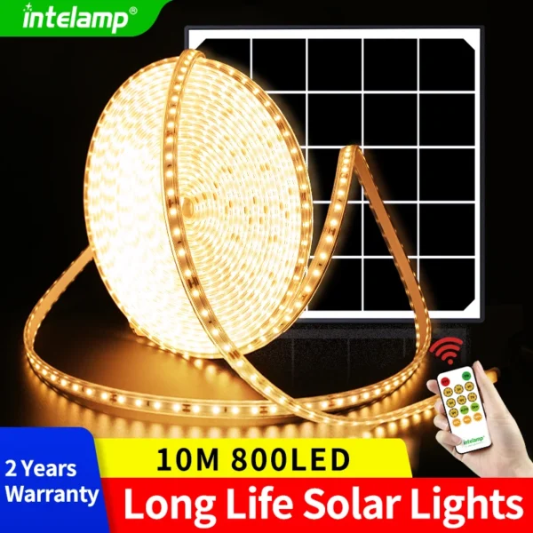 Intelamp Solar Led Strip Lumini în aer liber Auto On Off 10 metri rezistent la apă Soft luminozitate Solar Lamp Bar pentru Villas Steps Trees