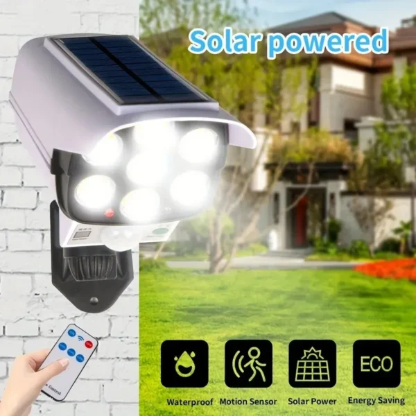 Senzor de mișcare în aer liber lumini solare 77 LED FloodLight rezistent la apă fără fir Dummy Decoy Fake Camera de securitate pentru Porch Garden Patio