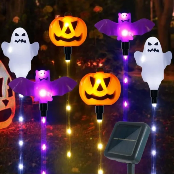 6pcs/Set Solar Powered 8 LED Pumpkin Bat Ghost Garden Stake Light Halloween Outdoor Landscape Lamp For Home Yard Halloween Decor