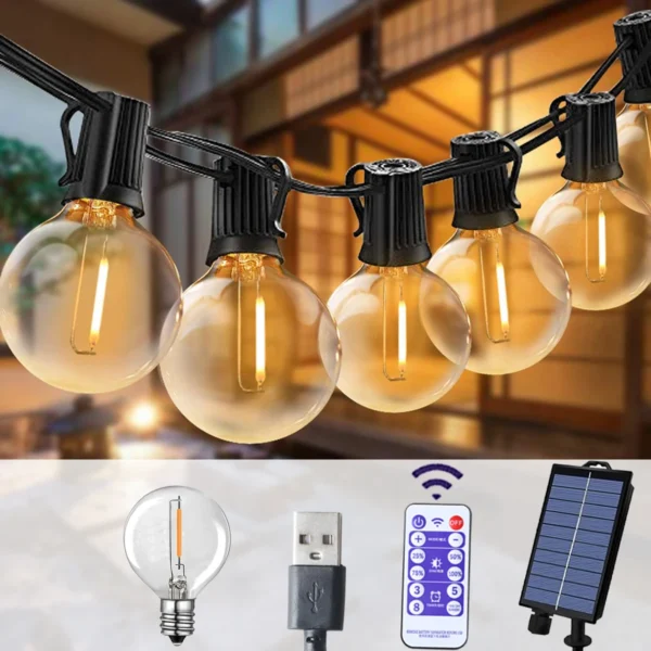 G40 Șir de lumini în aer liber Solar Festoon LED Patio Rope Lampe Solar String pentru Camping Garden Party Wedding Terrace Decoration
