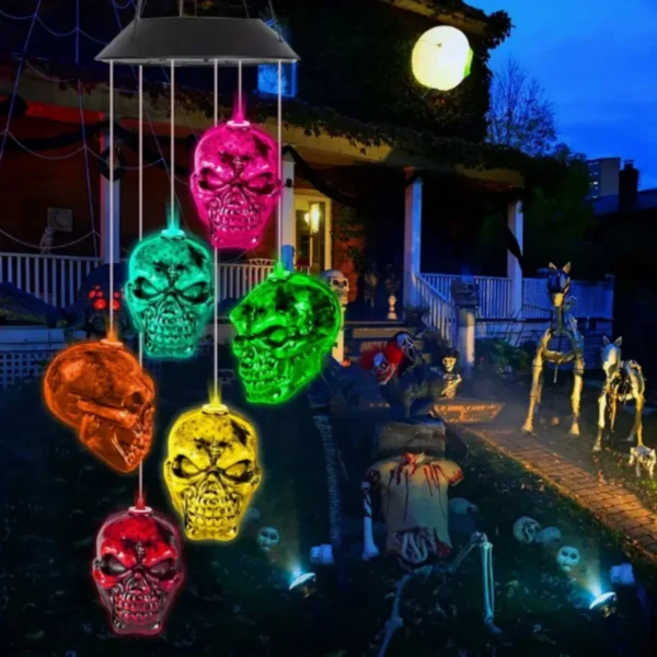 1pc 6LED Halloween Skull Head Solar Wind Chime Lights Solar Operated Color Changing Hanging Garden Lights Suitable For Bar Decor
