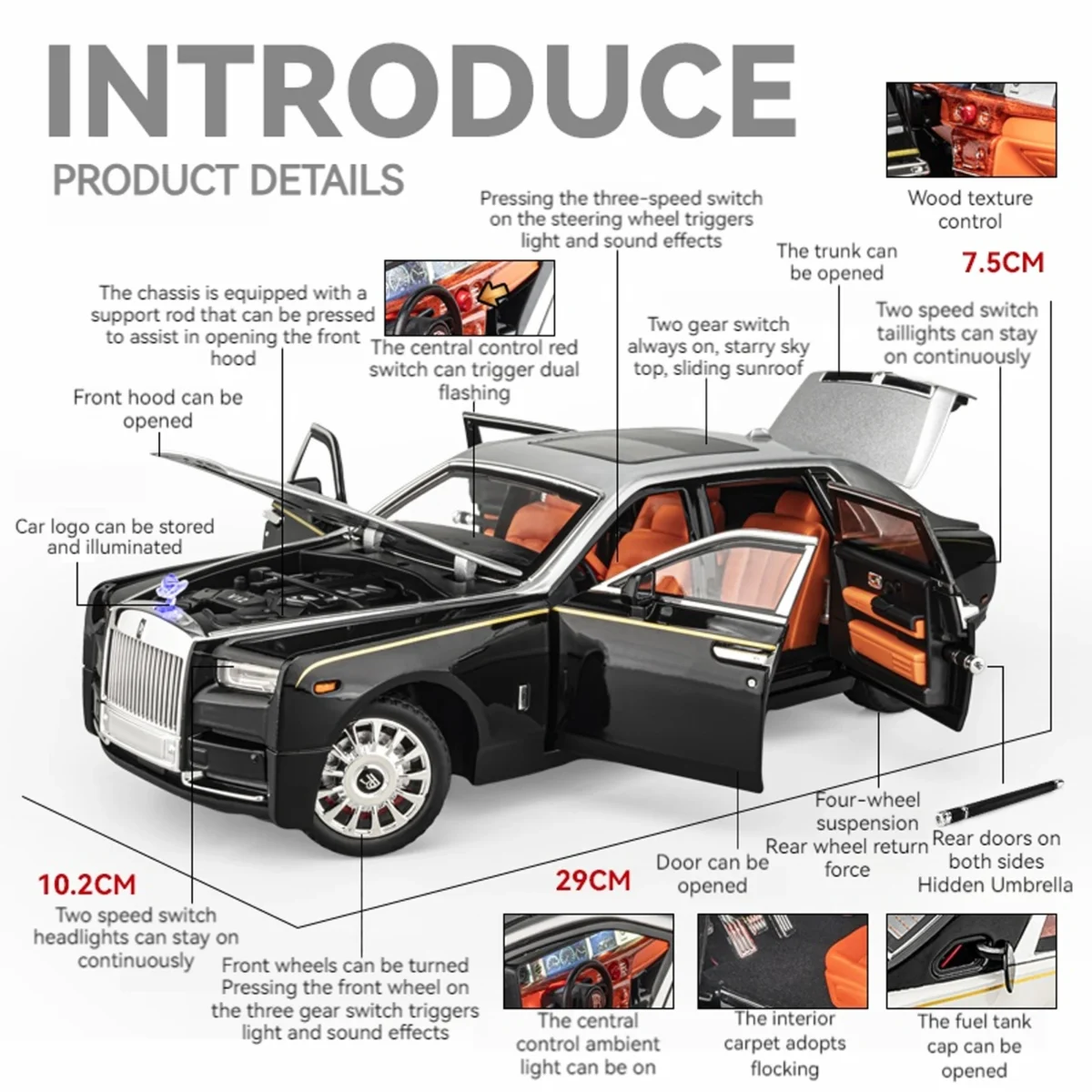 1:18 Rolls-Royce Phantom Model Car, Zinc Alloy Pull Back Toy Diecast Car with Sound and Light, Realistic Modeling Model Toy111 - Imagine 4