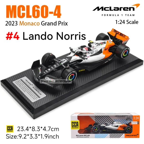 CCA MSZ 1:24 White Monaco version McLaren F1 2023 MCL60 4# Lando Norris 81# Oscar Piastri alloy car model toy series collection