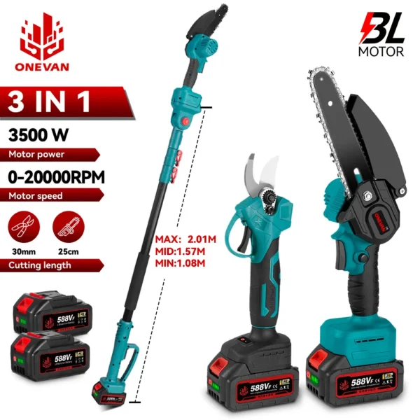 ONEVAN 3 IN 1 Brushless Telescoping Pole Electric Chainsaw 3500W High Branch Scissor Gardening Power Tool For 21V 18V Battery