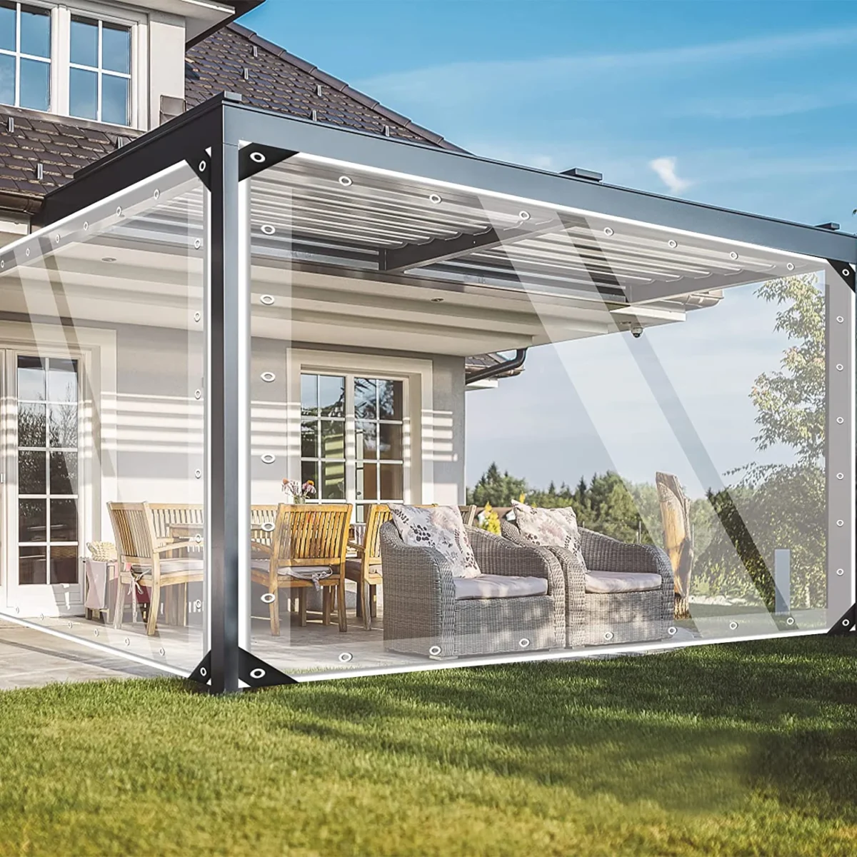 Impermeabil Transparent PVC Tarpaulin cu ochiuri rezistent la intemperii Durable Canopies pliabil 0.3mm Rain Cover pentru mobilier de gradina - Imagine 2