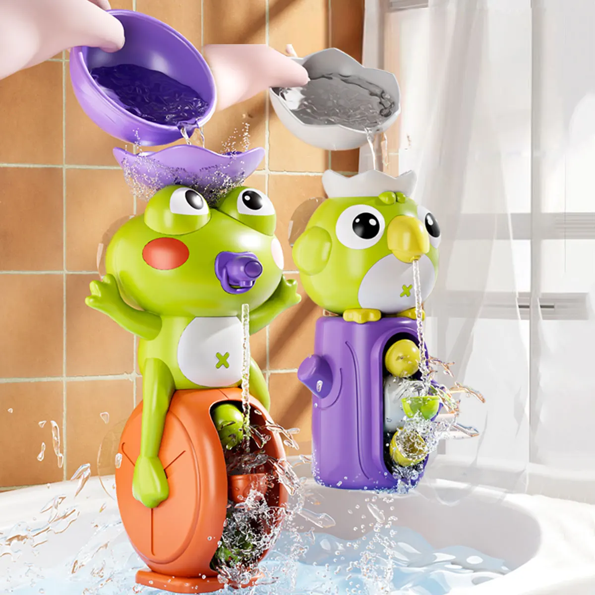 kf-S383d705bee0a484499f7736db3ec2b40C New Frog/ Bird Waterwheel Bath Toy for Children Kid Water Play Game in Shower Montessori Gift Spinner with Suction Cup Bathroom - Imagine 1