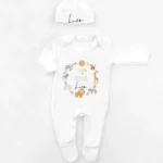 Personalised Sleepsuit New Baby Gift Safari Babygrow Born in 2025 Gift Going Home Outfit Custom Baby Romper and Hat