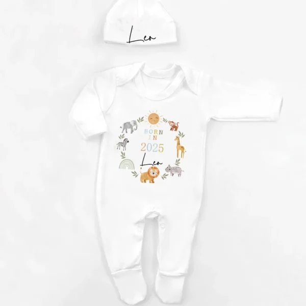 Personalised Sleepsuit New Baby Gift Safari Babygrow Born in 2025 Gift Going Home Outfit Custom Baby Romper and Hat