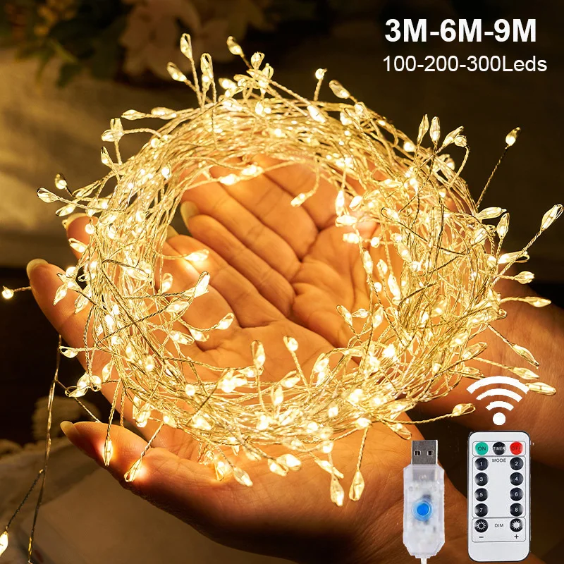 kf-S69b6d5d36bf44ee1bf69b0cee5980f9d3 3/6/9M USB Power LED Firecracker String Lights Remote Control Garland Fairy Lights for Wedding Party Garden Christmas Decoration - Imagine 1
