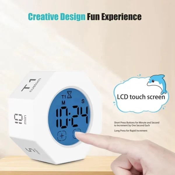 LCD Digital Flip Timer Mini Octagonal Kitchen Timer with Touch Screen USB Charging Countdown Stopwatch for Study and Cooking