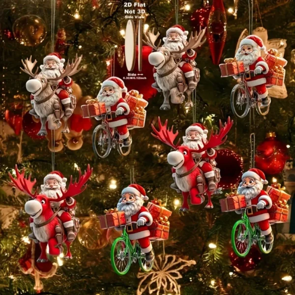 8/16/24PCS Christmas Wooden Bicycle Santa Claus 2D Flat Pendant Xmas Tree Decoration Holiday Gift Christmas Ornaments Home Decor