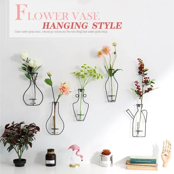 Retro Wrought Iron Hanging Vase Nordic Home Decoration Tabletop Plant Holder Dried Flower Vase Wall Decoration With Glass