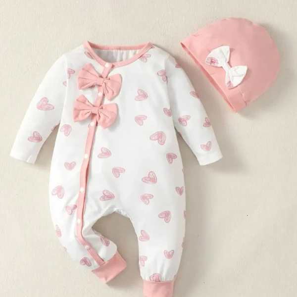 0-2 Year Old Newborn Baby Gilr Spring and Autumn Round Neck Bow Long Sleeve Love Printed Pants jumpsuit
