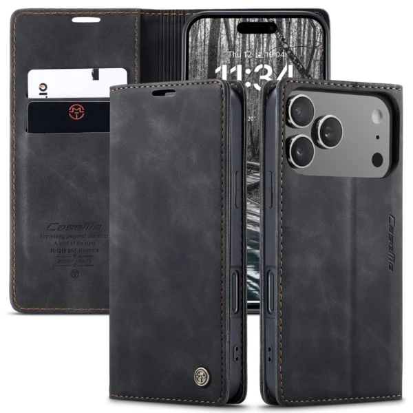 Leather Flip Wallet Case for iPhone 17/17 Pro/17 Pro Max/Air, Magnetic Folio Cover with Card Holder, Shockproof TPU Kickstand